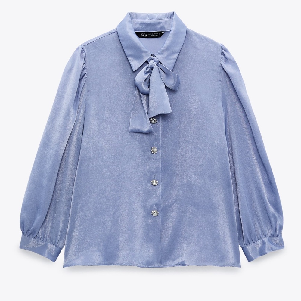 Zara | NWT Rhinestone Satin Shirt Blue L